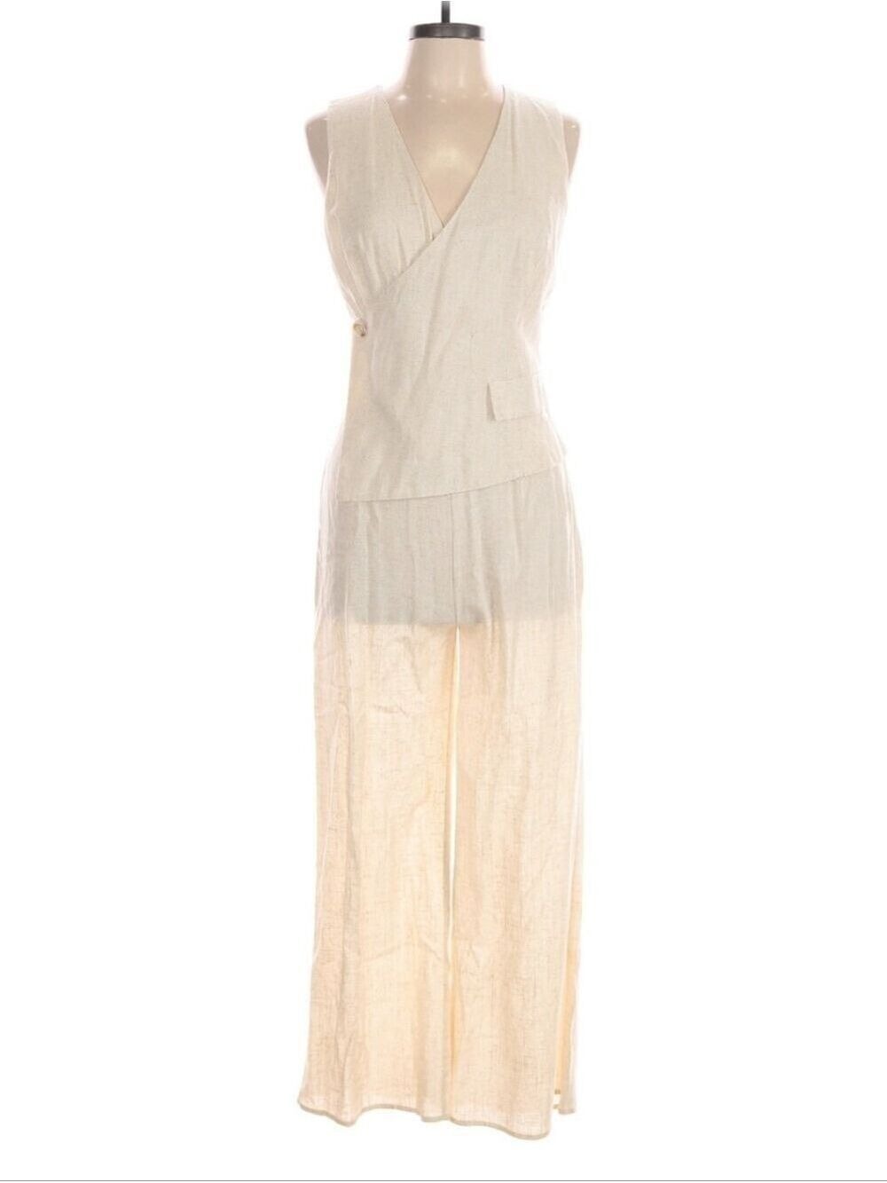 Aakaa Linen Blend Sleeveless Wrap Jumpsuit Cream Beige Wide Leg Large